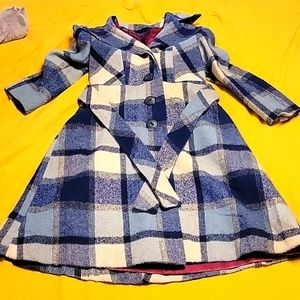 Vintage Pockets Wool Navy Blue Plaid Swing Coat with Hoodie
